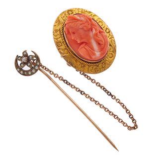 Antique Coral Cameo, Seed Pearl, 14k, 10k Pin with Stickpin