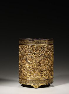 A Dragon Patterned Gilding Copper Brush Pot