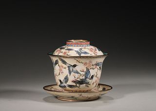 A Magpie and Plum Blossom Patterned Copper Enamel Bowl
