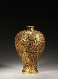 A Cloud and Dragon Patterned Gilding Copper Meiping