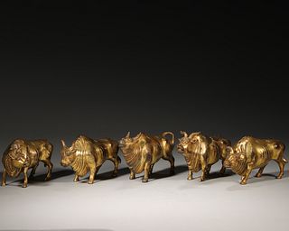 5 Gilding Copper Ox Ornaments,Qing Dynasty, China