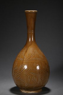 A Ding Ware Brown Glaze Incised Globular Bottle Vase