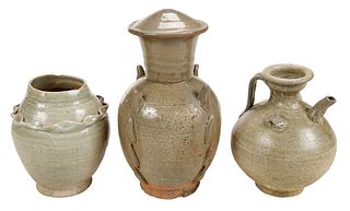 Three Chinese Celadon Glazed Earthenware Vessels