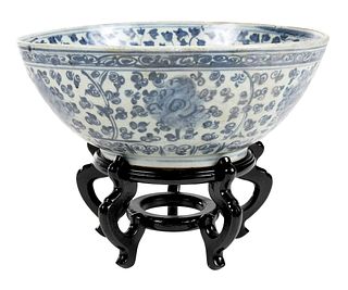 Large Chinese Blue and White Earthenware Bowl on Stand