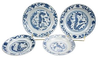 Four Chinese Blue and White Earthenware Plates