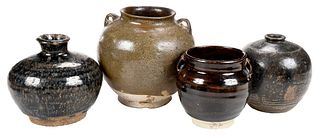Four Asian Brown and Black Glazed Pottery Vessels