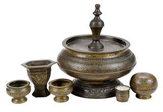 Southeast Asian Bronze Betel Nut Container and Five Small Vessels