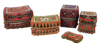 Four Sumatran Beaded Wedding Basket Boxes and One Pouch