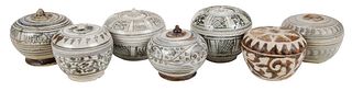 Seven Thai Sawankhalok or Style Lidded Pottery Jarlets