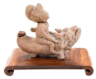 Southeast Asian Terracotta Figure Astride Bull with Stand