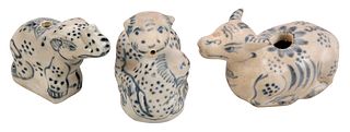 Three Asian Blue and White Earthenware Animal Figural Water Droppers
