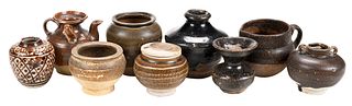 Nine Small Asian Brown Glaze Pottery Vessels