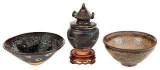 Three Asian Brown Glaze Pottery Vessels