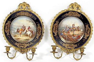 SEVRES PAINTED PORCELAIN PLATES MOUNTED AS SCONCES