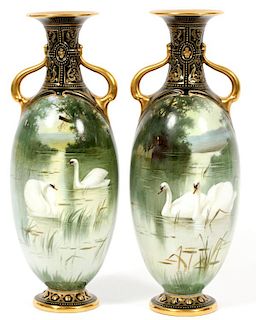 ROYAL DOULTON GILT AND PAINTED PORCELAIN VASES PAIR