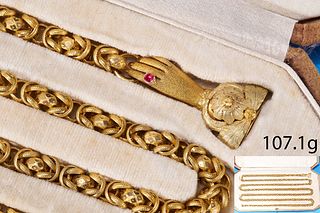 FINE AND RARE LARGE GEORGIAN GUARD CHAIN WITH RUBY HAND CLASP