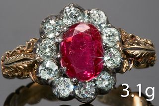 FINE ANTIQUE RUBY AND DIAMOND CLUSTER RING