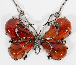BALTIC SEA AMBER, BUTTERFLY PENDANT AND CHAIN NECKLACE