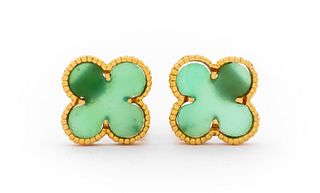 18K Green Chalcedony Alhambra Style Clip Earrings