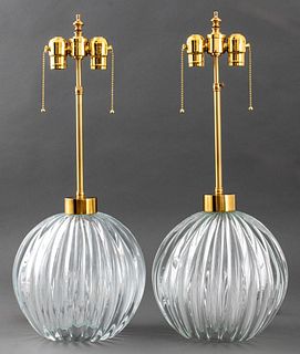 Mid-Century Modern Glass & Brass Table Lamps, Pr