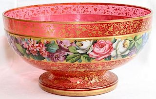 BOHEMIAN PAINTED CRANBERRY GLASS PUNCH BOWL