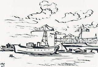H. WINGLER (1896-1981), Port facility with steamer and cranes,  1962, Felt-tip pen