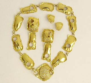 Baruch Hadaya, Israeli 18 Karat Yellow Gold and Diamond Necklace and Two Pair Ear clip Suite