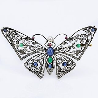 Large Art Nouveau style Diamond, Cabochon Sapphire, Emerald and Ruby, Pearl, 14 Karat Yellow Gold and Silver Butterfly Brooch