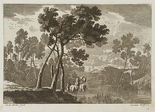 J. MÜLLER (17th), Italian Landscape with Shepherds, around 1680, Copper engraving