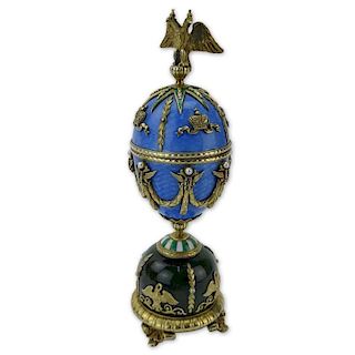 Early 20th Century Russian Gilt Silver, Nephrite Jade and Guilloche Enamel Egg accented with Rose Cut Diamonds and Seed Pearl