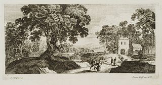 J. HAFNER (1668-1754), Landscape with travellers at the inn, around 1680, Etching