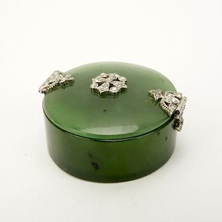 Antique Russian Platinum and Rose Cut Diamond Mounted Nephrite Jade Pill Box