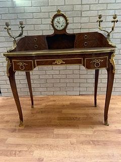 ANTIQUE WRITING TABLE DESK WITH CLOCK AND CANDELABRAS