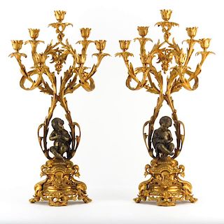 Pair of 19th Century Louis XV Style Seven Arm Gilt Bronze Candelabra