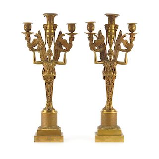 In the manner of Pierre Philippe Thomire, French (1751-1843) Pair of Early 20th Century French Empire Style Three Arm Gilt Br