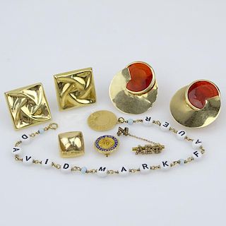 Vintage Eight (8) Piece 14 Karat Yellow Jewelry Lot Including a Pair of Earrings with Carved Carnelian, Pair of Square Earrin