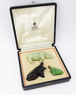 Collection of Three (3) 20th Century Russian Carved Stone Animal Figures Including a Carved Jade Rhino, a Carved Obsidian Hip