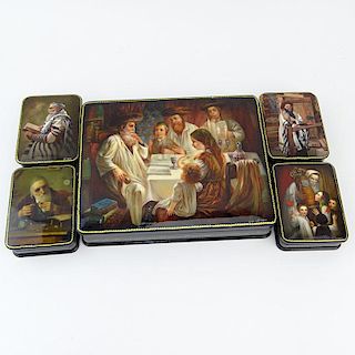 Collection of Five (5) Russian Judaica Lacquered Boxes
