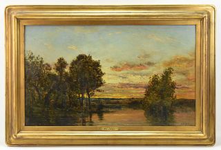 HC DELPY LAKESIDE SUNSET OIL PAINTING