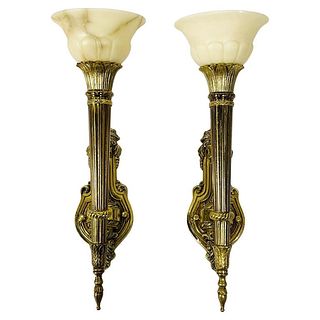 Pair of Brass & Alabaster Wall Sconces in the Neoclassical Style