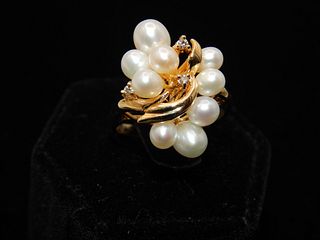 14K Gold Pearl Cluster Ring with 3 Diamonds 