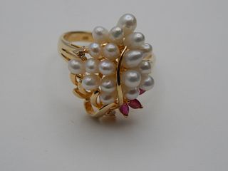 14K Gold Pearl Cluster Ring with 2 Diamonds & 3 Rubies