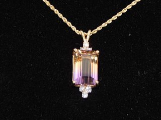 14K Gold Ametrine & Diamond Pendant with Rope Chain Necklace