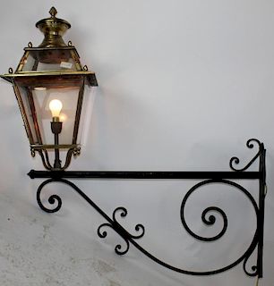 French brass and copper lantern on wall mount iron bracket