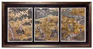 Augustine, (20th century), Triptych: Japanese Figures in Village