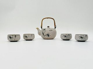 MCI Japan Pottery Ceramic Bamboo Leaf 6 Pc Saki Tea Set