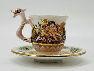 Capodimonte Cup & Saucer, Hand-Painted Relief Cherubs Gold Trim, Labeled.
