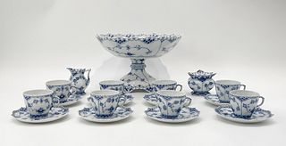 Fluted Full Lace Bowl on High Foot & 8 Cups & Saucers, Creamer & Sugar Bowl,  By Royal Copenhagen