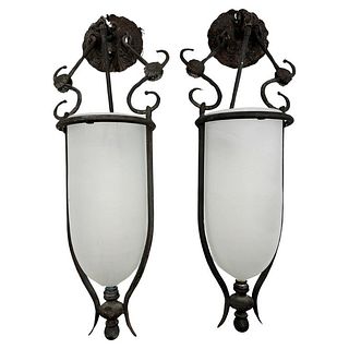 Pair of Glass & Metal Lanterns made in Los Angeles by Lantern Masters.