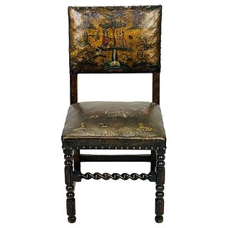 Antique Leather & Wood Chair With Painting on Seat & Backrest, Made in France